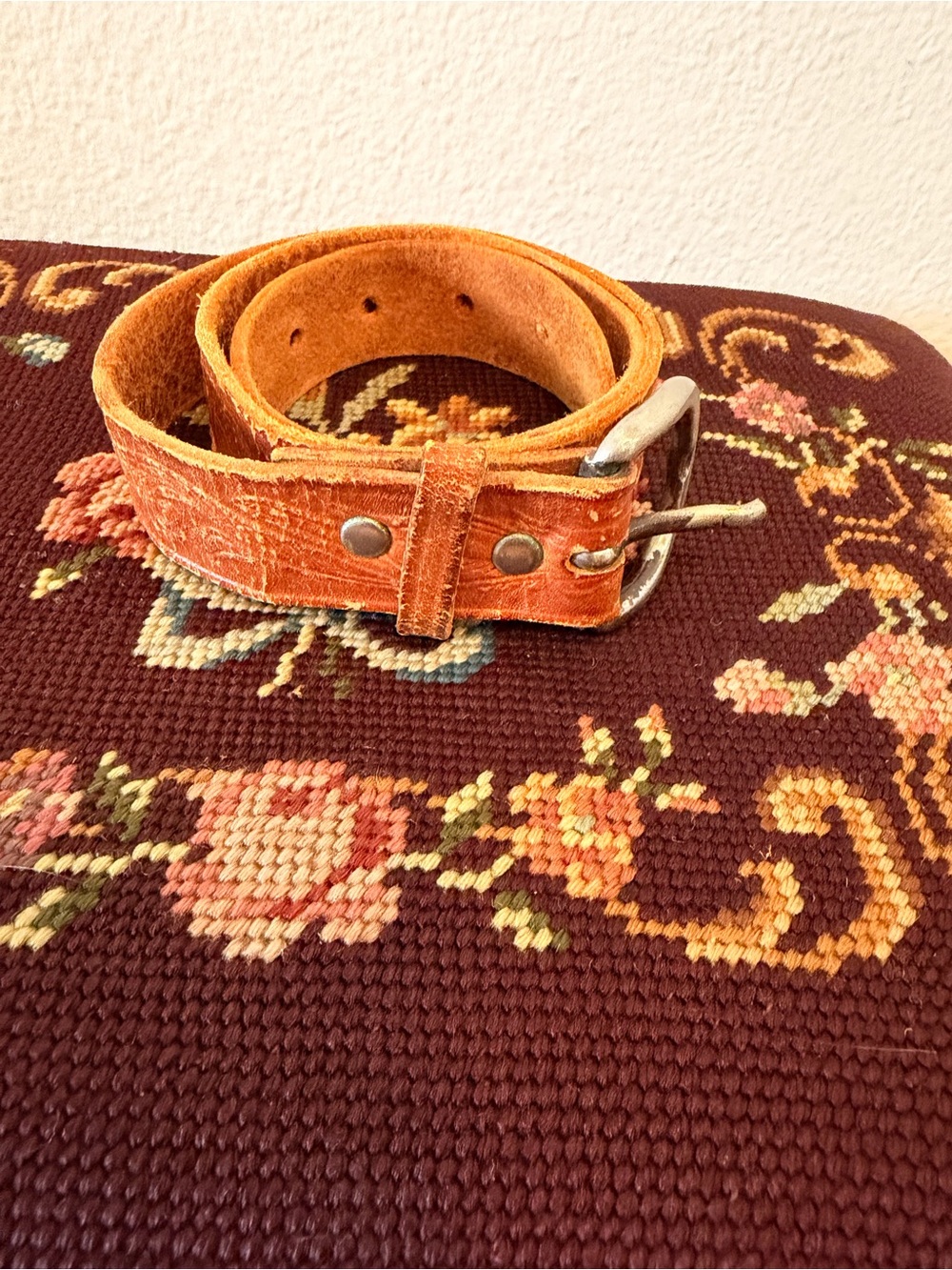 Vintage Distressed Tooled Leather Belt in Warm Tan